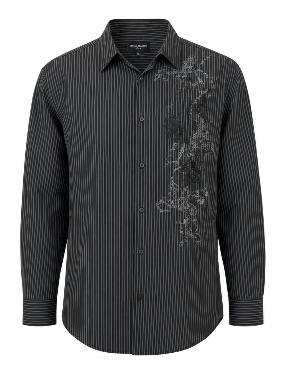 Michael Brandon Men's XL Pinstripe Button Down Shirt Embroidered Black Shirt